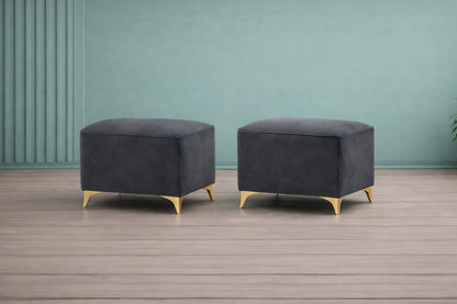 Adorn India Premium Luster 8 Seater L Shape Sofa Set with 2 Puffy & 1 Center Table | Velvet Suede Fabric | 3-Year Warranty | RHS | Dark Grey with Golden Legs & Striped Pattern Cushion