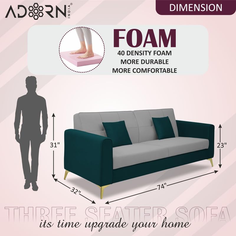 Adorn India Premium Harlem 3 Seater Sofa | Velvet Suede Upholstery | 3-Year Warranty | Ocean Blue & Grey with Gold Legs & Cushion
