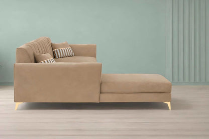 Adorn India Premium Luster 8 Seater L Shape Sofa Set with 2 Puffy & 1 Center Table | Velvet Suede Fabric | 3-Year Warranty | LHS | Camel with Golden Legs & Striped Pattern Cushion