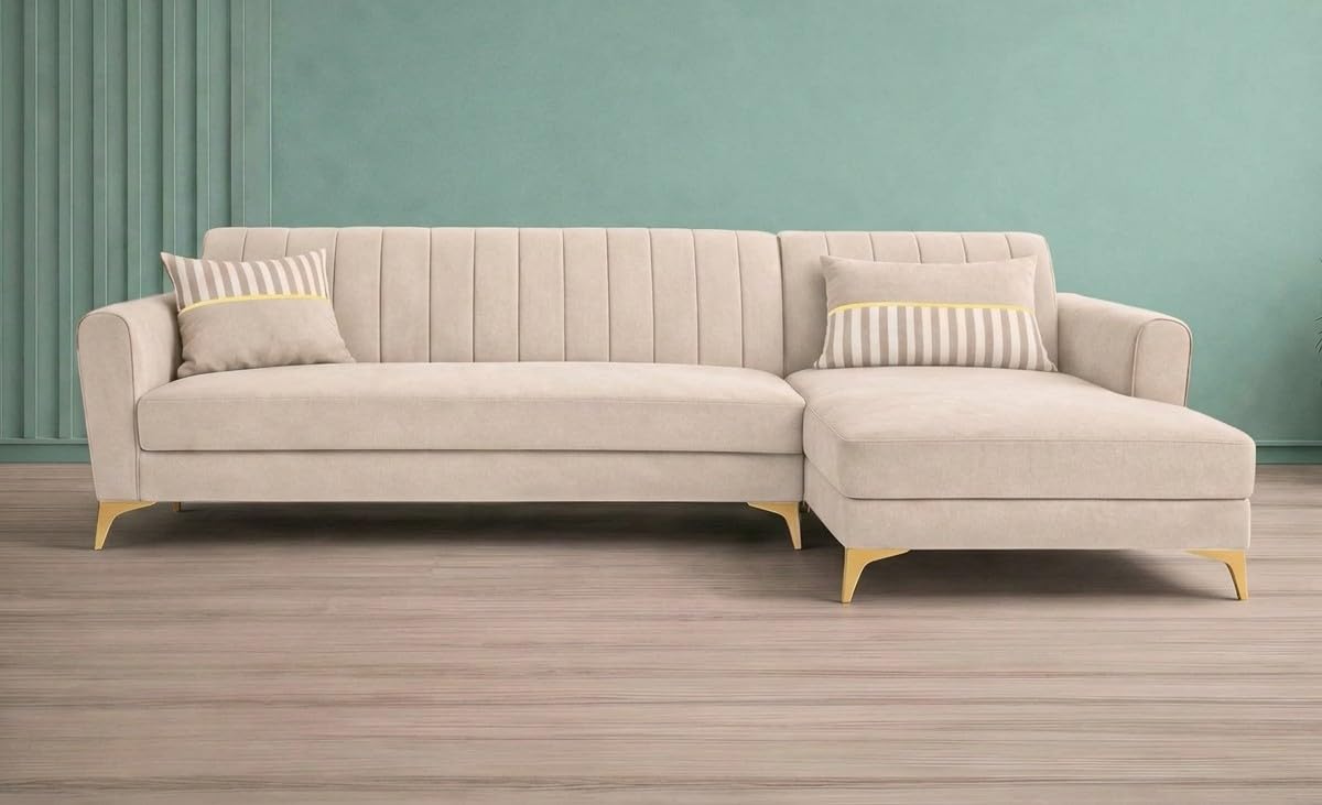 Adorn India Premium Luster 6 Seater L Shape Sofa Set | Velvet Suede Fabric | 3-Year Warranty | RHS |Color Cream with Golden Legs & Striped Pattern Cushion