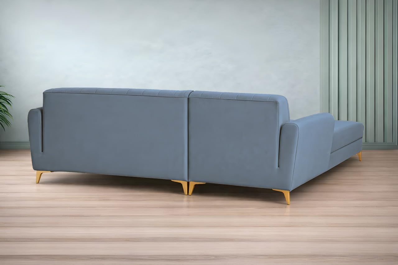 Adorn India Premium Luster 6 Seater L Shape Sofa Set | Velvet Suede Fabric | 3-Year Warranty | LHS |Color Grey with Golden Legs & Striped Pattern Cushion
