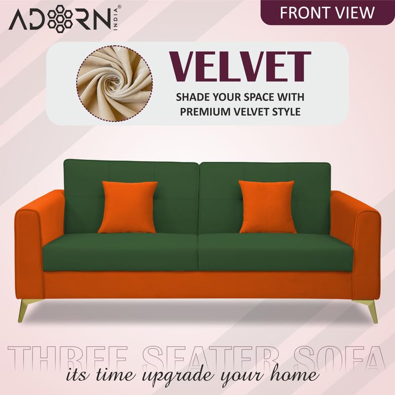 Adorn India Premium Harlem 3 Seater Sofa | Velvet Suede Upholstery | 3-Year Warranty | Orange & Dark Green with Gold Legs & Cushion