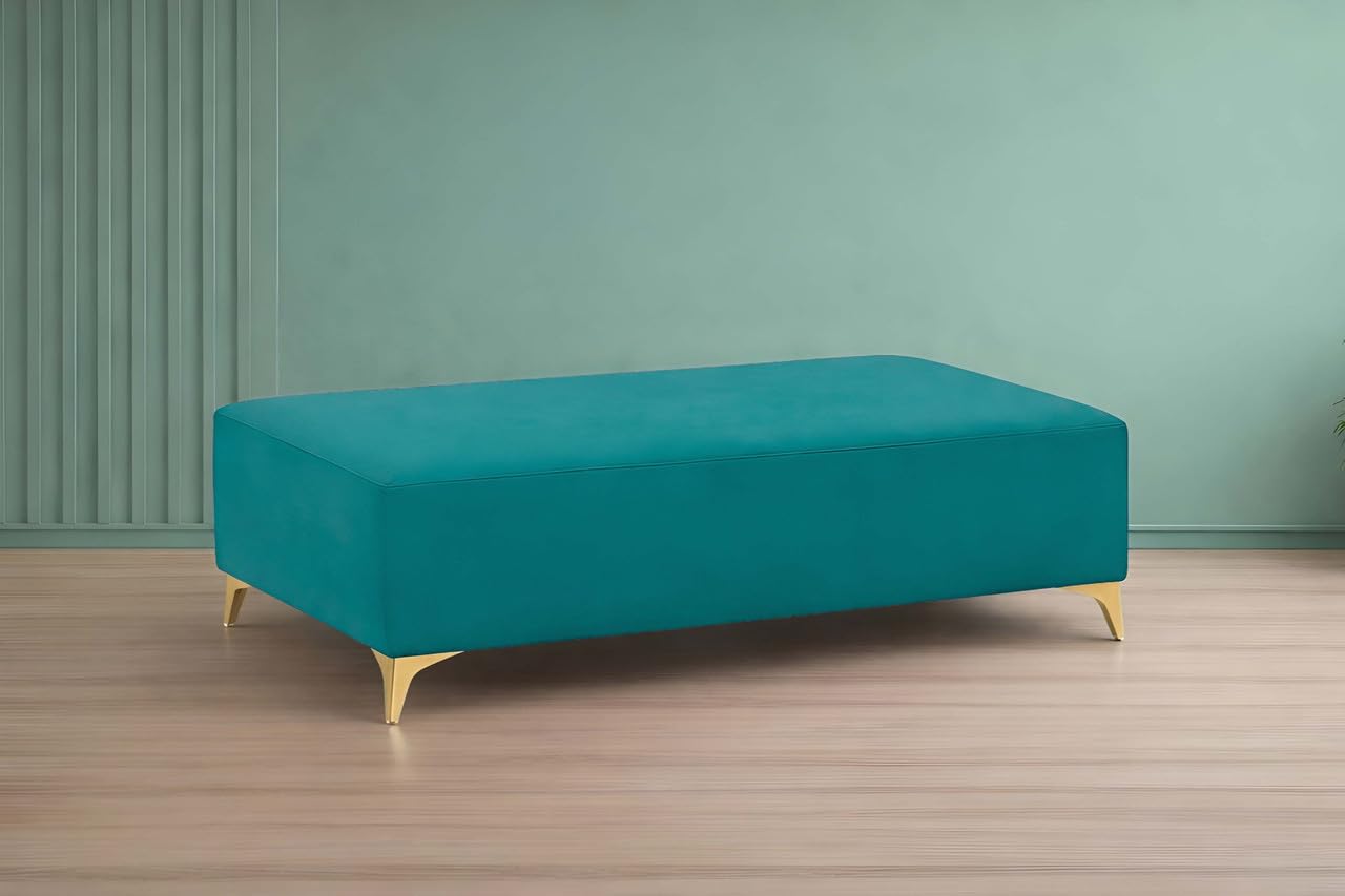 Adorn India Premium Luster 8 Seater L Shape Sofa Set with 2 Puffy & 1 Center Table | Velvet Suede Fabric | 3-Year Warranty | RHS | Aqua Blue with Golden Legs & Striped Pattern Cushion