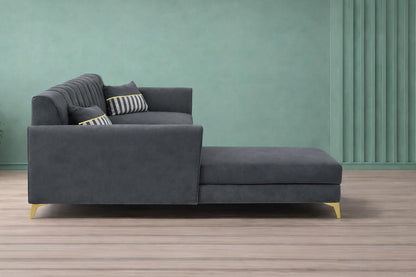 Adorn India Premium Luster 8 Seater L Shape Sofa Set with 2 Puffy & 1 Center Table | Velvet Suede Fabric | 3-Year Warranty | LHS | Dark Grey with Golden Legs & Striped Pattern Cushion