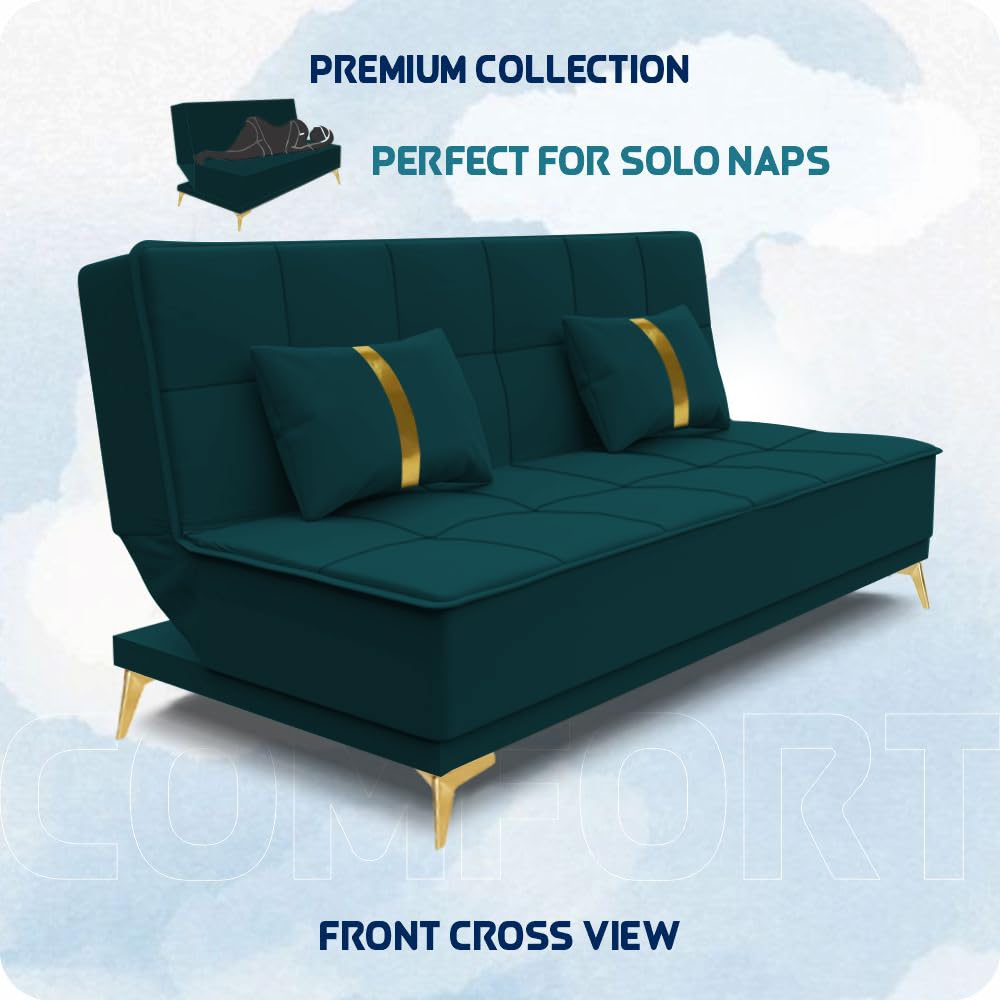 Adorn India Premium New Alyssum 3 Seater Sofa Cum Bed 4X6 Velvet Suede with 2 Cushions (Color Ocean Blue) and Suitable for All Indoor, with 3 Years Warranty