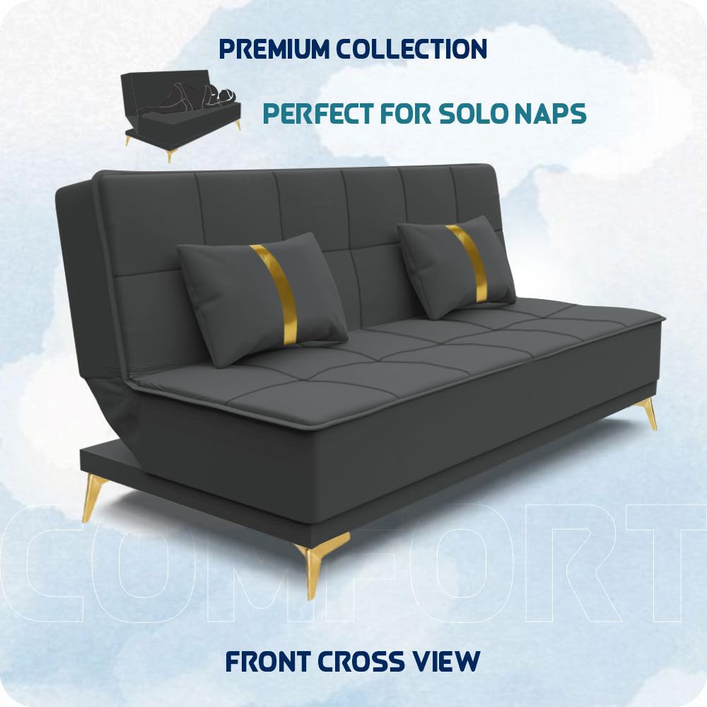 Adorn India Premium New Alyssum 3 Seater Sofa Cum Bed 4X6 Velvet Suede with 2 Cushions (Color Dark Grey) and Suitable for All Indoor, with 3 Years Warranty