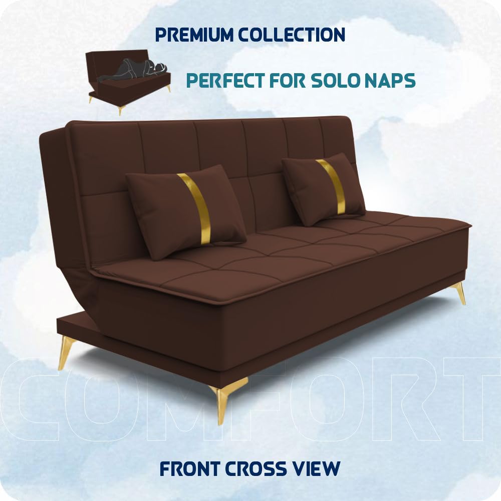 Adorn India Premium New Alyssum 3 Seater Sofa Cum Bed 4X6 Velvet Suede with 2 Cushions (Color Brown) and Suitable for All Indoor, with 3 Years Warranty