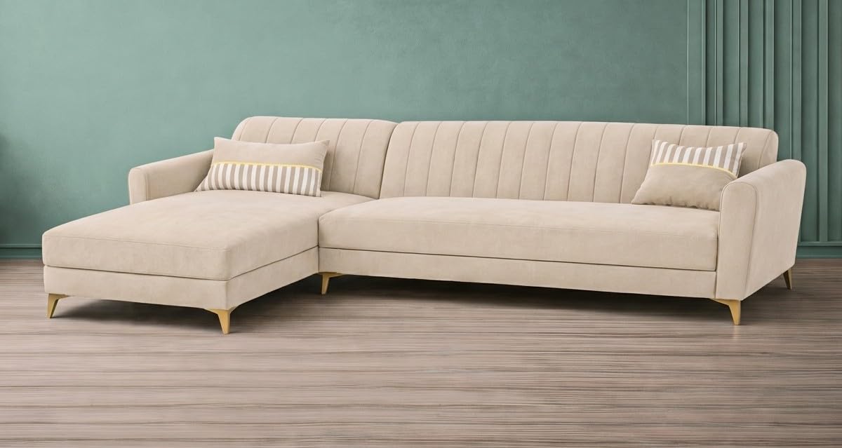 Adorn India Premium Luster 6 Seater L Shape Sofa Set | Velvet Suede Fabric | 3-Year Warranty | LHS |Color Cream with Golden Legs & Striped Pattern Cushion