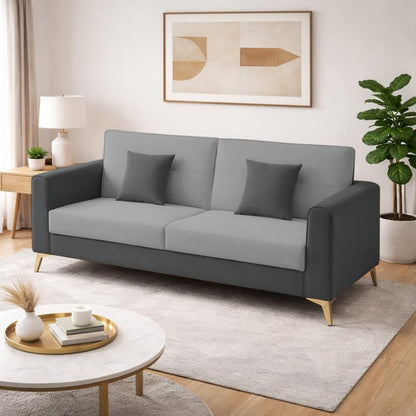 Adorn India Premium Harlem 3 Seater Sofa | Velvet Suede Upholstery | 3-Year Warranty | Dark Grey & Grey with Gold Legs & Cushion