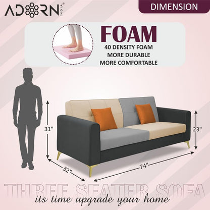 Adorn India Premium Harlem 3 Seater Sofa | Velvet Suede Upholstery | 3-Year Warranty | Dark Grey, Gey & Beige with Gold Legs & Cushion