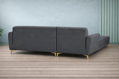 Adorn India Premium Luster 8 Seater L Shape Sofa Set with 2 Puffy & 1 Center Table | Velvet Suede Fabric | 3-Year Warranty | LHS | Dark Grey with Golden Legs & Striped Pattern Cushion