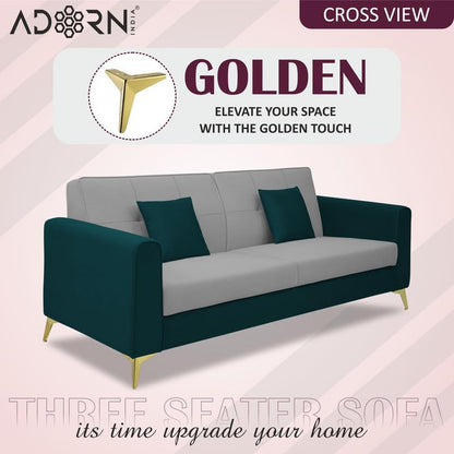Adorn India Premium Harlem 3 Seater Sofa | Velvet Suede Upholstery | 3-Year Warranty | Ocean Blue & Grey with Gold Legs & Cushion