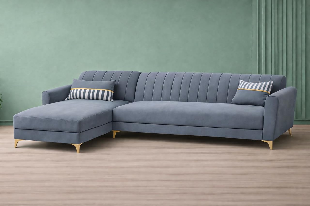 Adorn India Premium Luster 6 Seater L Shape Sofa Set | Velvet Suede Fabric | 3-Year Warranty | LHS |Color Grey with Golden Legs & Striped Pattern Cushion