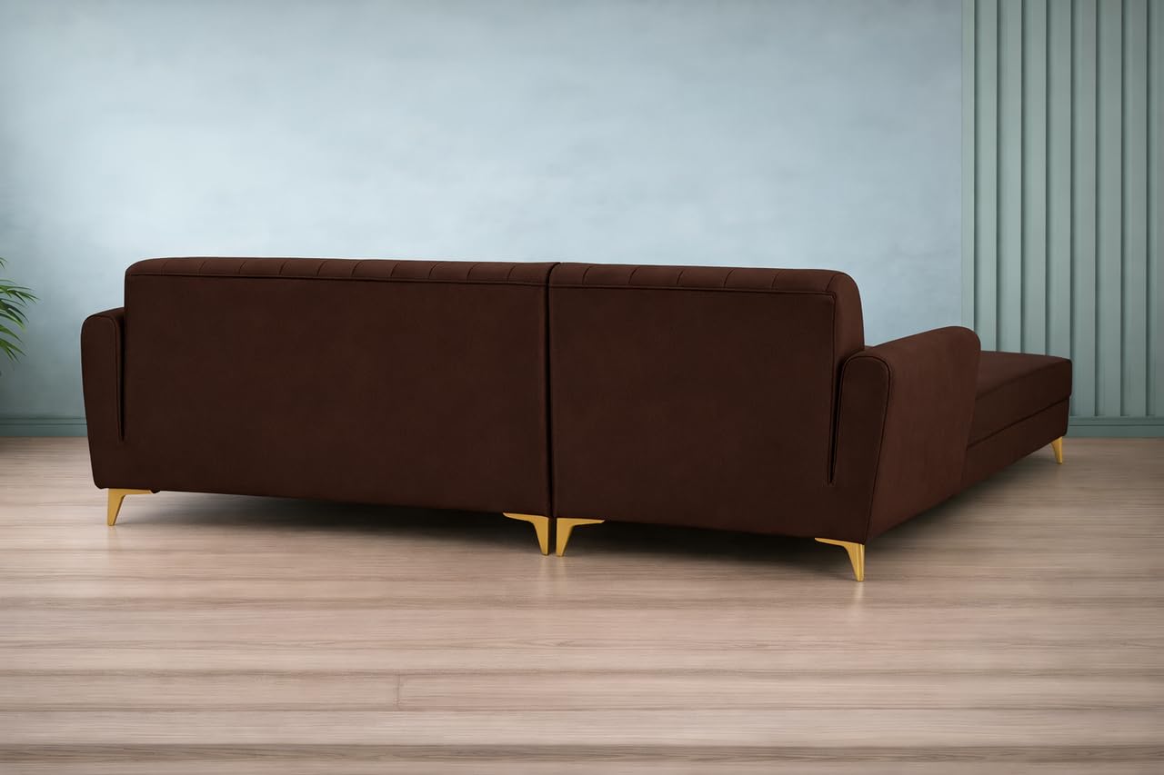 Adorn India Premium Luster 8 Seater L Shape Sofa Set with 2 Puffy & 1 Center Table | Velvet Suede Fabric | 3-Year Warranty | LHS | Brown with Golden Legs & Striped Pattern Cushion