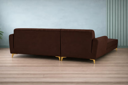Adorn India Premium Luster 8 Seater L Shape Sofa Set with 2 Puffy & 1 Center Table | Velvet Suede Fabric | 3-Year Warranty | LHS | Brown with Golden Legs & Striped Pattern Cushion