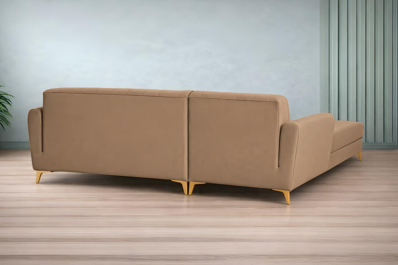 Adorn India Premium Luster 8 Seater L Shape Sofa Set with 2 Puffy & 1 Center Table | Velvet Suede Fabric | 3-Year Warranty | LHS | Camel with Golden Legs & Striped Pattern Cushion