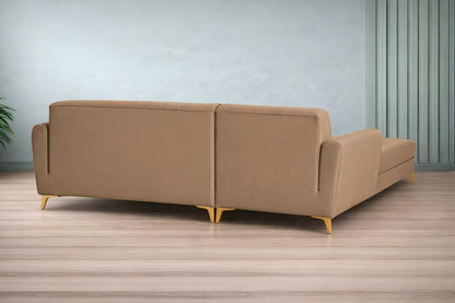 Adorn India Premium Luster 8 Seater L Shape Sofa Set with 2 Puffy & 1 Center Table | Velvet Suede Fabric | 3-Year Warranty | LHS | Camel with Golden Legs & Striped Pattern Cushion