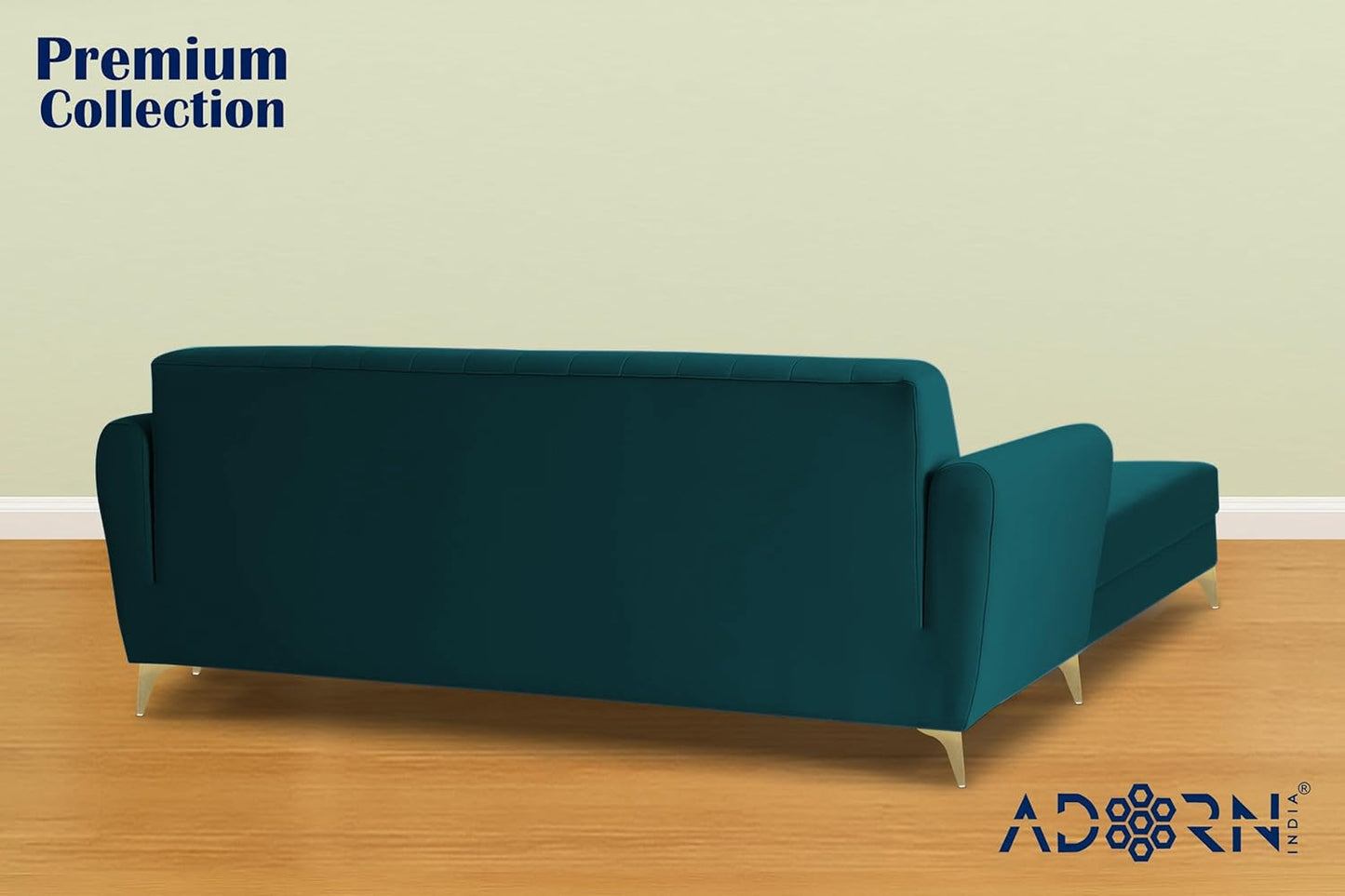 Adorn India Premium Luster 4 Seater L Shape Sofa Set | Velvet Suede Fabric | 3-Year Warranty | Color Ocean Blue with Golden Legs & Striped Pattern Cushion