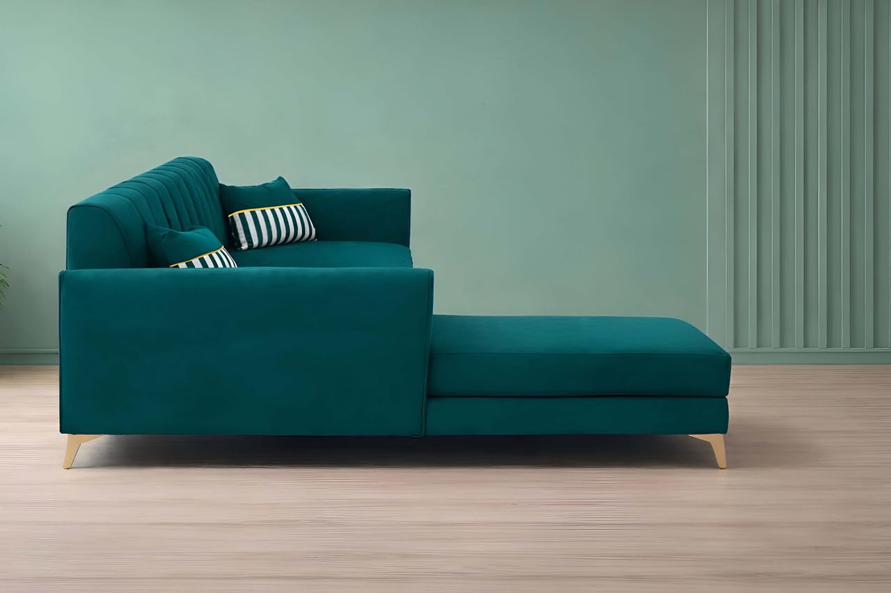 Adorn India Premium Luster 8 Seater L Shape Sofa Set with 2 Puffy & 1 Center Table | Velvet Suede Fabric | 3-Year Warranty | LHS | Ocean Blue with Golden Legs & Striped Pattern Cushion