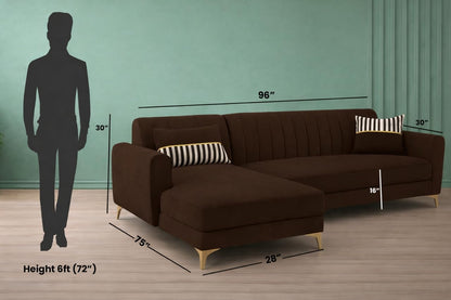 Adorn India Premium Luster 8 Seater L Shape Sofa Set with 2 Puffy & 1 Center Table | Velvet Suede Fabric | 3-Year Warranty | LHS | Brown with Golden Legs & Striped Pattern Cushion