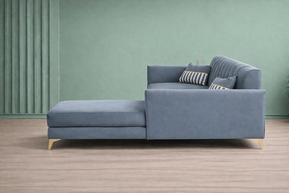 Adorn India Premium Luster 6 Seater L Shape Sofa Set | Velvet Suede Fabric | 3-Year Warranty | RHS |Color Grey with Golden Legs & Striped Pattern Cushion