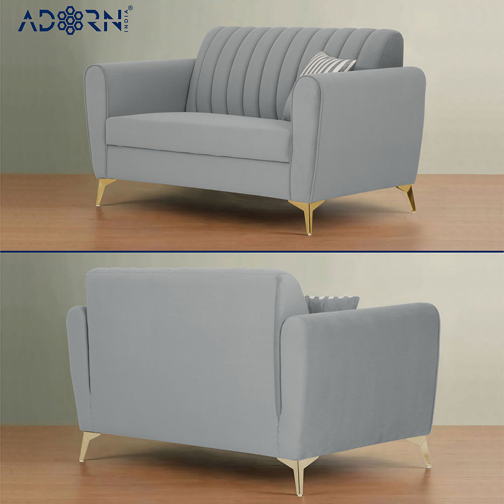 Adorn India Premium Luster 3+2+1 Sofa Set | Velvet Suede Fabric | 3-Year Warranty | Color Grey with Golden Legs & Striped Pattern Cushion