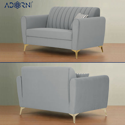Adorn India Premium Luster 3+2+1 Sofa Set | Velvet Suede Fabric | 3-Year Warranty | Color Grey with Golden Legs & Striped Pattern Cushion