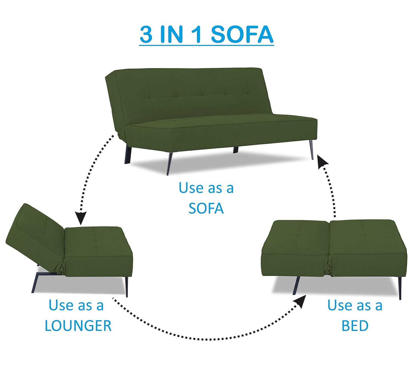 Adorn India Benjamin 3 Seater Sofa Cum Bed (Green) (3 Year Warranty)