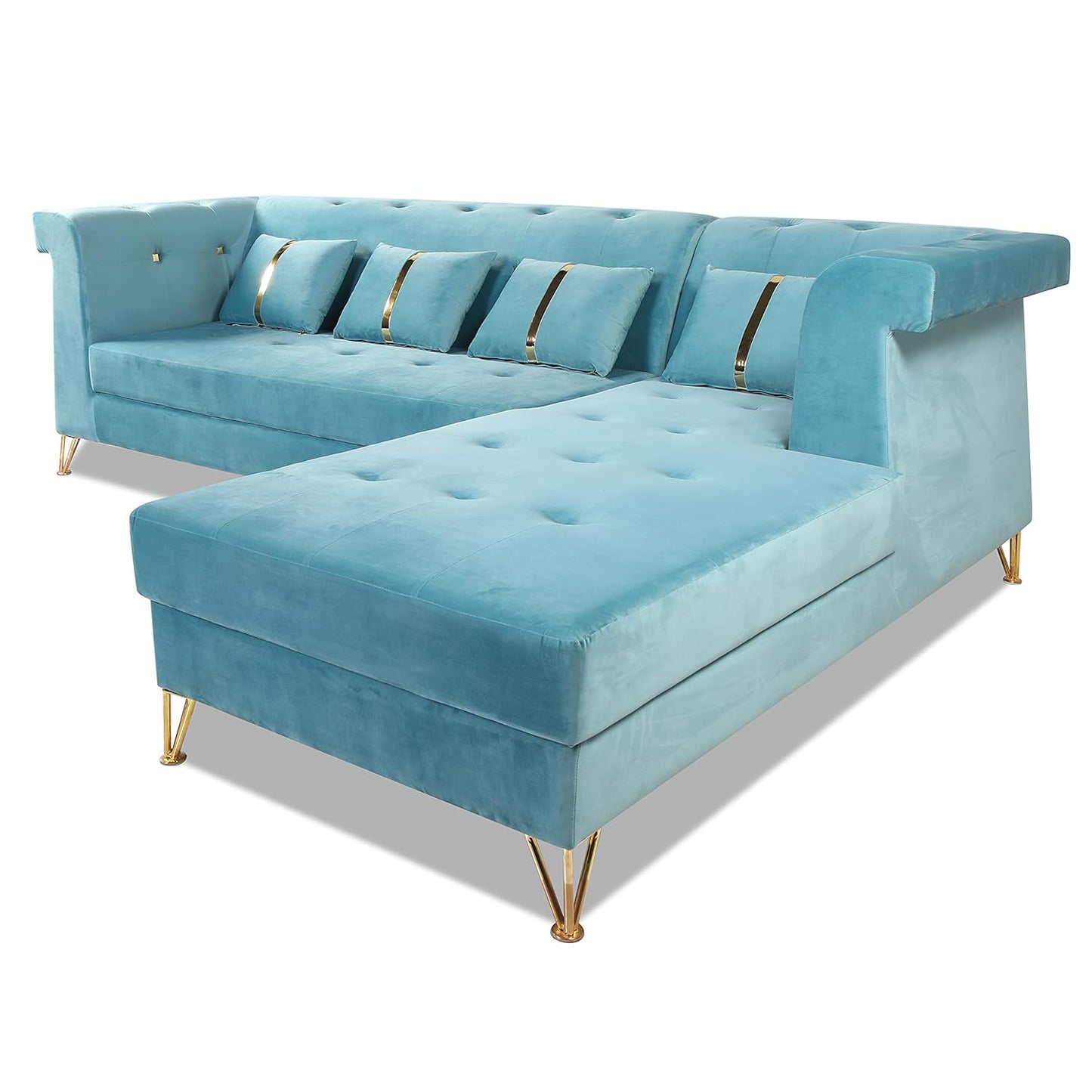 Adorn India Premium Raygan L Shape 6 Seater Sofa Set Right Side (Velvet Fabric Colour Aqua Blue)