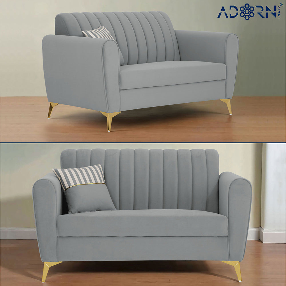Adorn India Premium Luster 3+2 Sofa Set | Velvet Suede Fabric | 3-Year Warranty | Color Grey with Golden Legs & Striped Pattern Cushion