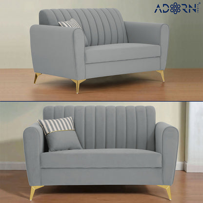 Adorn India Premium Luster 3+2 Sofa Set | Velvet Suede Fabric | 3-Year Warranty | Color Grey with Golden Legs & Striped Pattern Cushion
