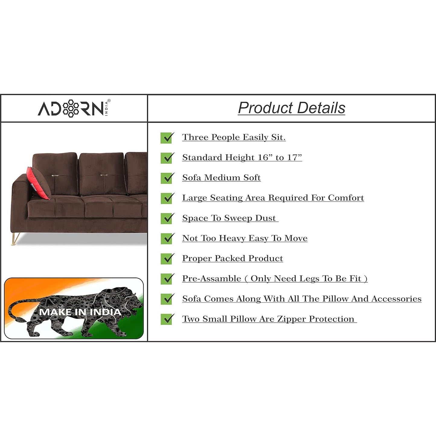 Adorn India Premium Morgan 3 Seater Sofa (Velvet Fabric Colour Brown)