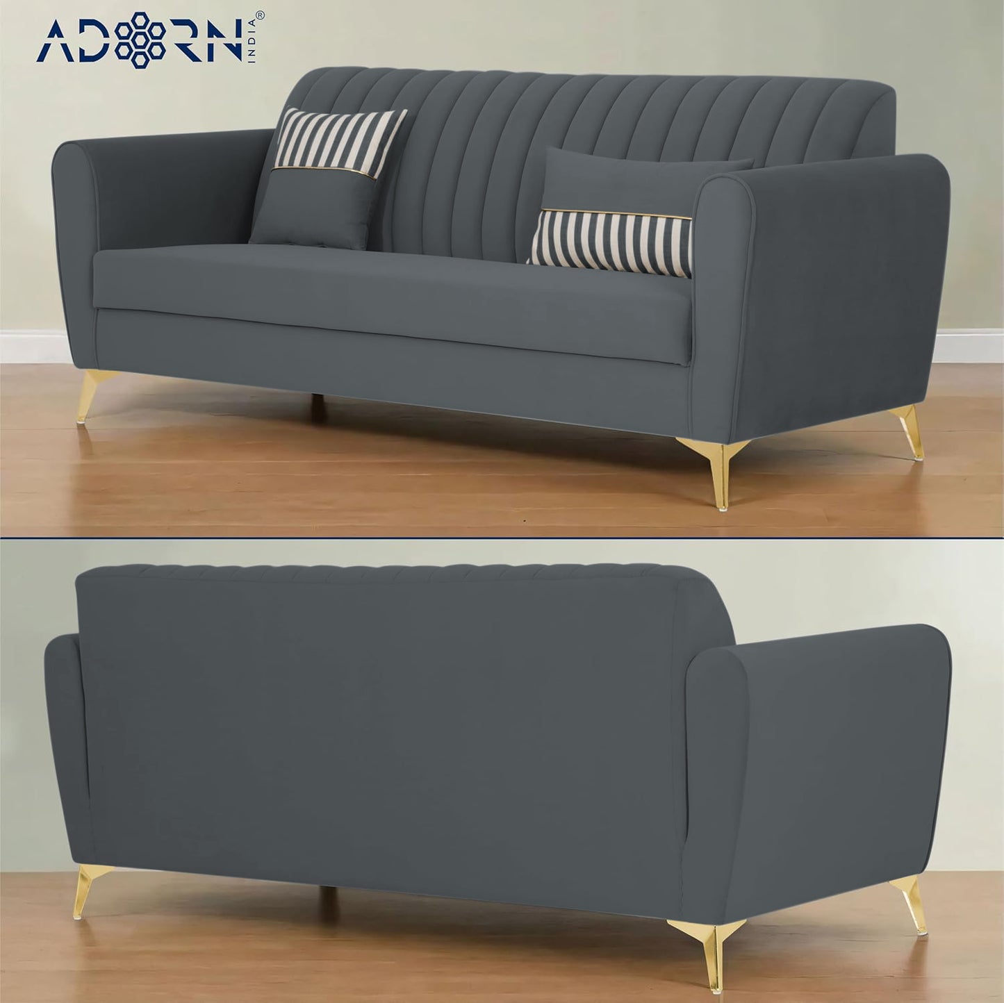 Adorn India Premium Luster 3-1-1 Sofa Set | Velvet Suede Fabric | 3-Year Warranty | Color Dark Grey with Golden Legs & Striped Pattern Cushion
