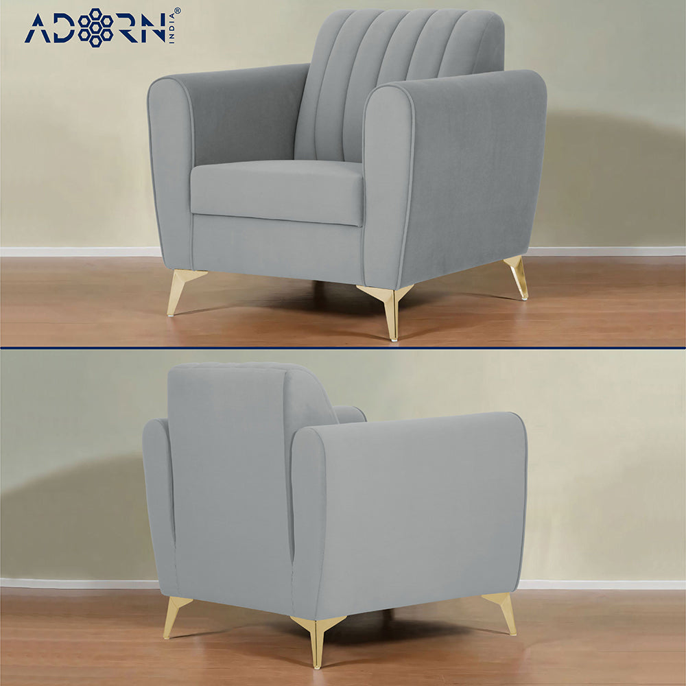 Adorn India Premium Luster 3+1+1 Sofa Set | Velvet Suede Fabric | 3-Year Warranty | Color Grey with Golden Legs & Striped Pattern Cushion