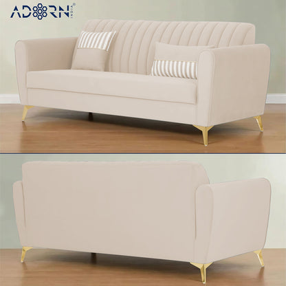 Adorn India Premium Luster 3-1-1 Sofa Set | Velvet Suede Fabric | 3-Year Warranty | Color Cream with Golden Legs & Striped Pattern Cushion