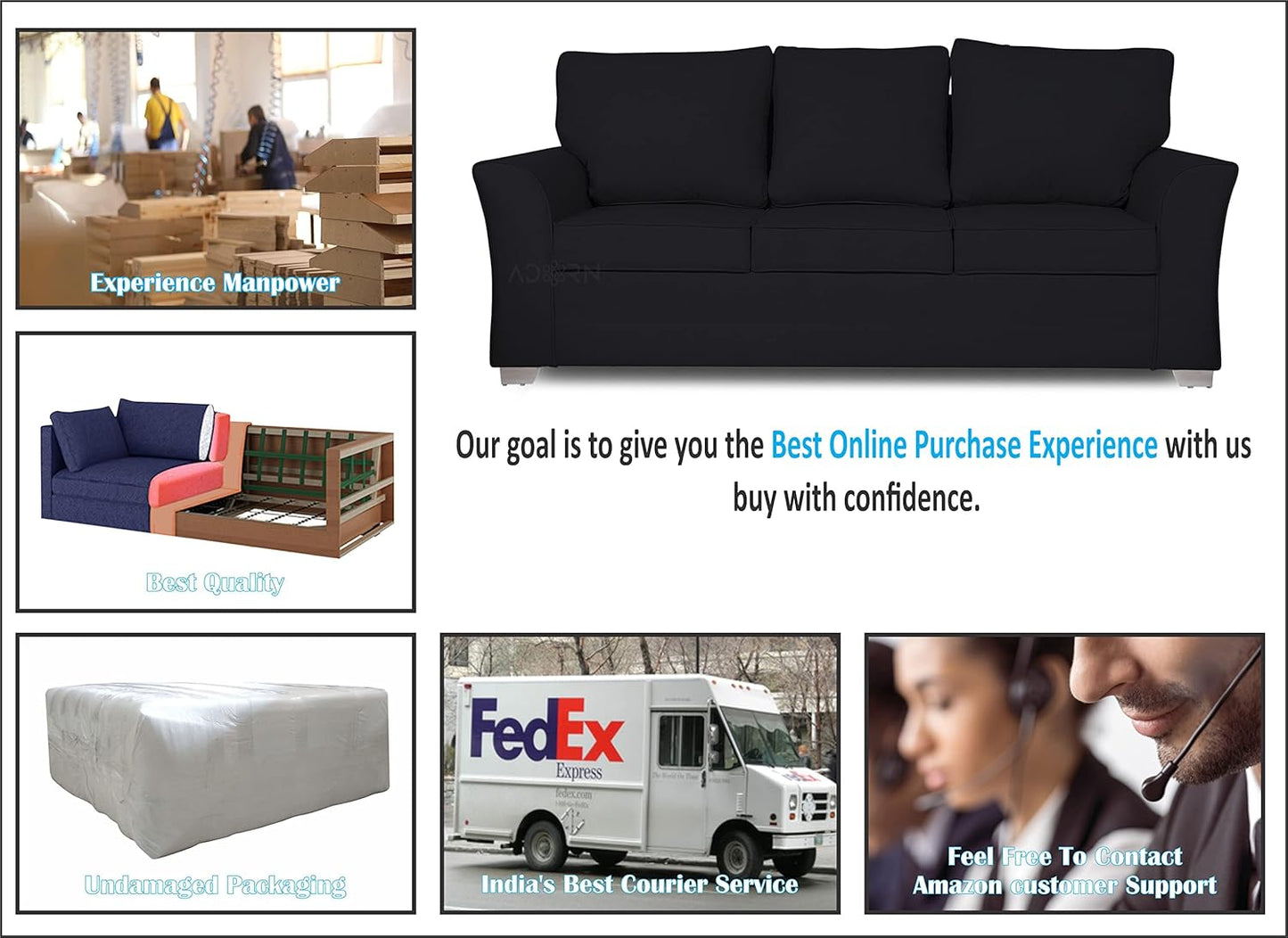 Adorn India Alexia 3+2 Five Seater Sofa Set (Black)