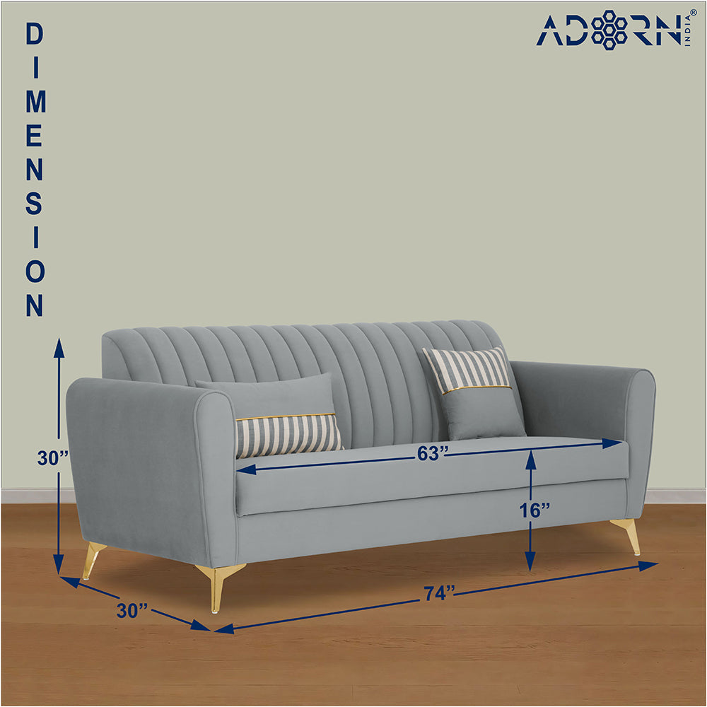 Adorn India Premium Luster 3 Seater | Velvet Suede Fabric | 3-Year Warranty | Color Grey with Golden Legs & Striped Pattern Cushion