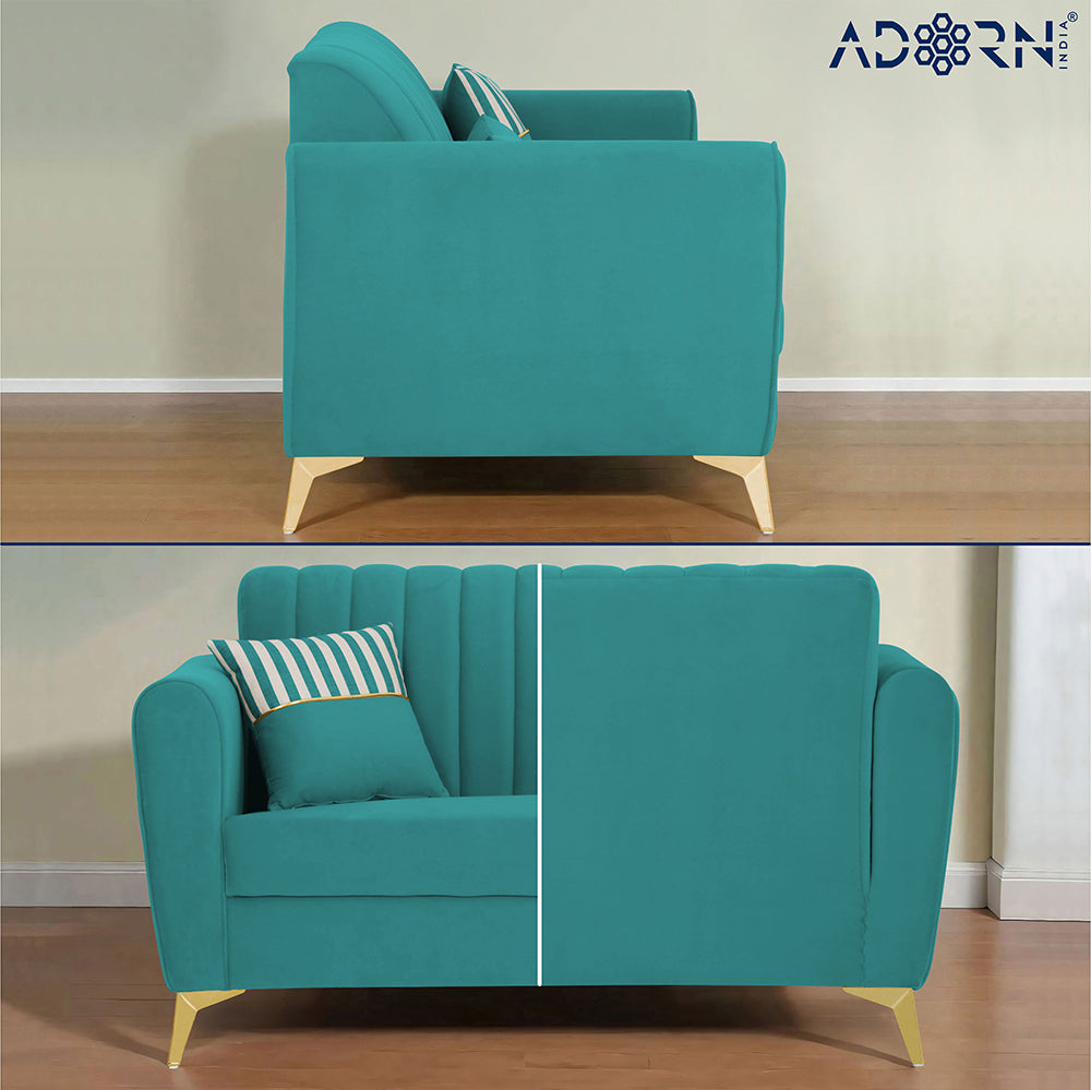 Adorn India Premium Luster 2 Seater | Velvet Suede Fabric | 3-Year Warranty | Color Aqua Blue with Golden Legs & Striped Pattern Cushion