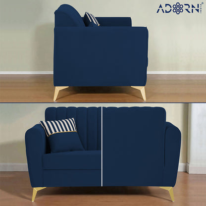 Adorn India Premium Luster 2 Seater | Velvet Suede Fabric | 3-Year Warranty | Color Blue with Golden Legs & Striped Pattern Cushion
