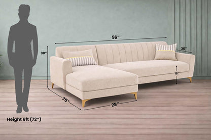 Adorn India Premium Luster 8 Seater L Shape Sofa Set with 2 Puffy & 1 Center Table | Velvet Suede Fabric | 3-Year Warranty | LHS | Cream with Golden Legs & Striped Pattern Cushion