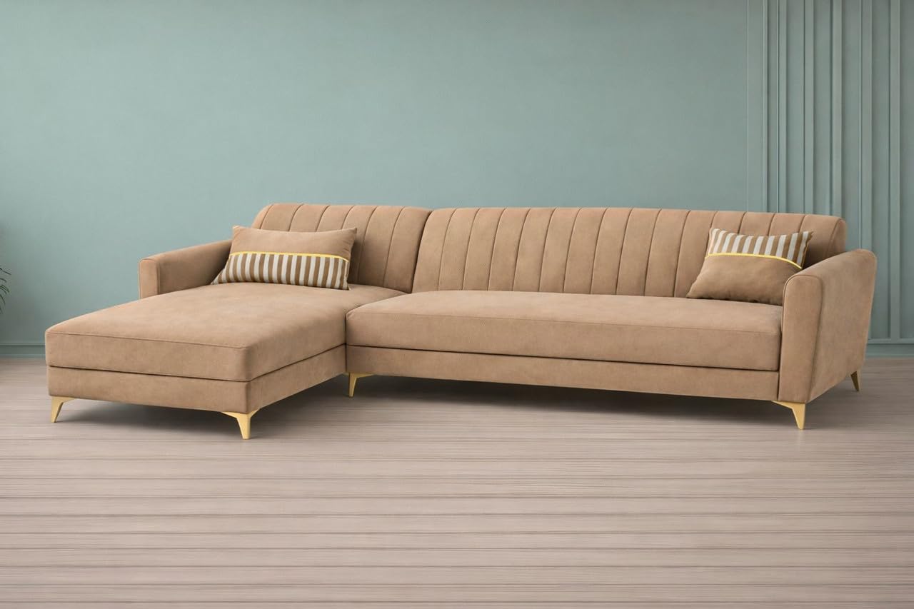 Adorn India Premium Luster 6 Seater L Shape Sofa Set | Velvet Suede Fabric | 3-Year Warranty | LHS |Color Camel with Golden Legs & Striped Pattern Cushion