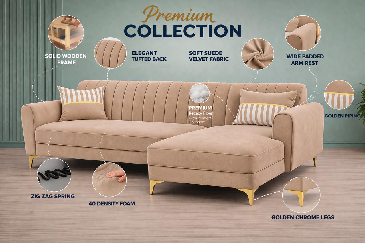 Adorn India Premium Luster 6 Seater L Shape Sofa Set | Velvet Suede Fabric | 3-Year Warranty | RHS |Color Beige with Golden Legs & Striped Pattern Cushion