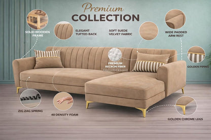 Adorn India Premium Luster 6 Seater L Shape Sofa Set | Velvet Suede Fabric | 3-Year Warranty | RHS |Color Camel with Golden Legs & Striped Pattern Cushion