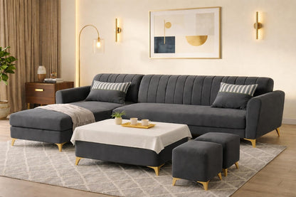Adorn India Premium Luster 8 Seater L Shape Sofa Set with 2 Puffy & 1 Center Table | Velvet Suede Fabric | 3-Year Warranty | LHS | Dark Grey with Golden Legs & Striped Pattern Cushion