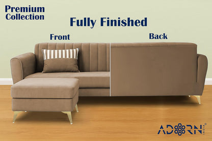 Adorn India Premium Luster 4 Seater L Shape Sofa Set | Velvet Suede Fabric | 3-Year Warranty | Color Camel with Golden Legs & Striped Pattern Cushion