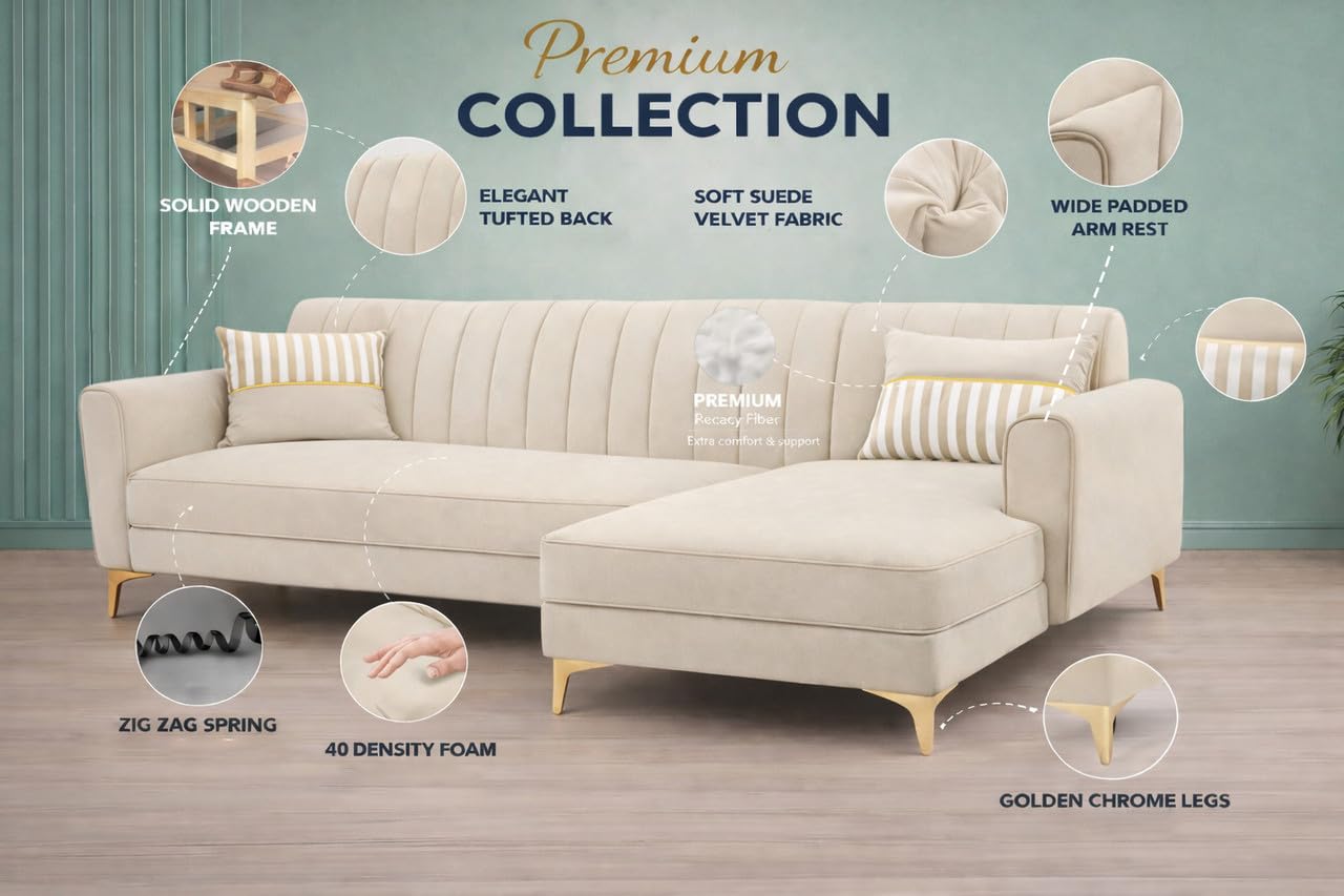 Adorn India Premium Luster 6 Seater L Shape Sofa Set | Velvet Suede Fabric | 3-Year Warranty | RHS |Color Cream with Golden Legs & Striped Pattern Cushion