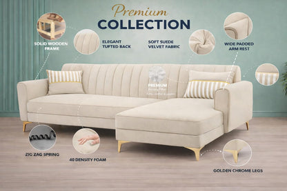 Adorn India Premium Luster 6 Seater L Shape Sofa Set | Velvet Suede Fabric | 3-Year Warranty | RHS |Color Cream with Golden Legs & Striped Pattern Cushion