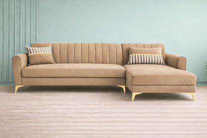 Adorn India Premium Luster 6 Seater L Shape Sofa Set | Velvet Suede Fabric | 3-Year Warranty | RHS |Color Camel with Golden Legs & Striped Pattern Cushion