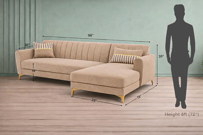 Adorn India Premium Luster 6 Seater L Shape Sofa Set | Velvet Suede Fabric | 3-Year Warranty | RHS |Color Beige with Golden Legs & Striped Pattern Cushion