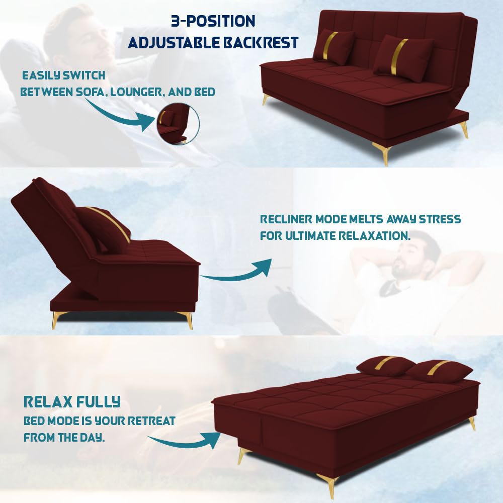 Adorn India Premium New Alyssum 3 Seater Sofa Cum Bed 4X6 Velvet Suede with 2 Cushions (Color Maroon) and Suitable for All Indoor, with 3 Years Warranty